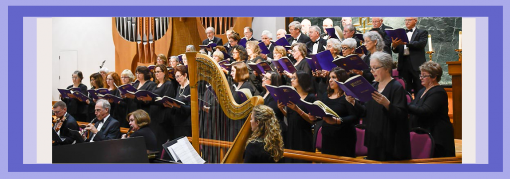 The Northern Virginia Chorale performs 'We Remember Them' with special guest harpist at center, and orchestra. The Northern Virginia Chorale wide photo header with light and dark purple borders depicting their performance of "We Remember Them," with harpist center, their fall concert of 2017 held at St. Mark's Lutheran Church.