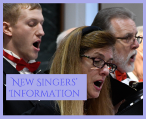 New Singers' Information block photo close-up of chorale singers.