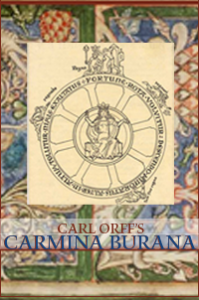 Wheel of Fortune and background medieval tapestry image illustrating Carl Orff's Carmina Burana.