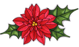 Large red, holiday poinsettia illustration with green leaves
